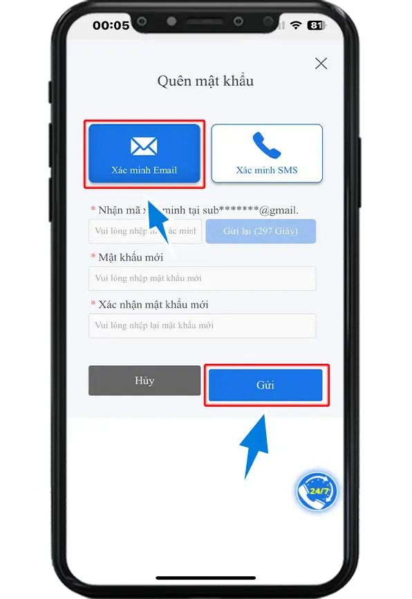 Bước 4 : Nhập mã OTP gửi về email => Nhập mật khẩu mới xác nhận mật khẩu => ấn gửi